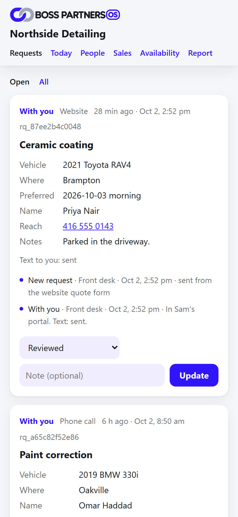 Requests: a ceramic coating request from a phone call, from new request to scheduled