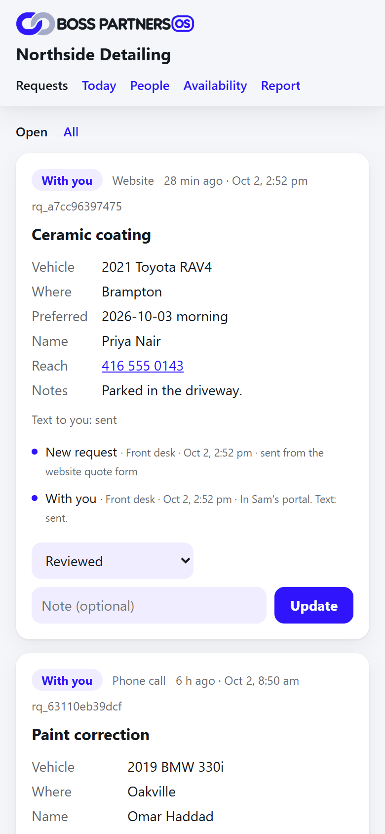 The owner app showing a new ceramic coating request from the website, for a demo business